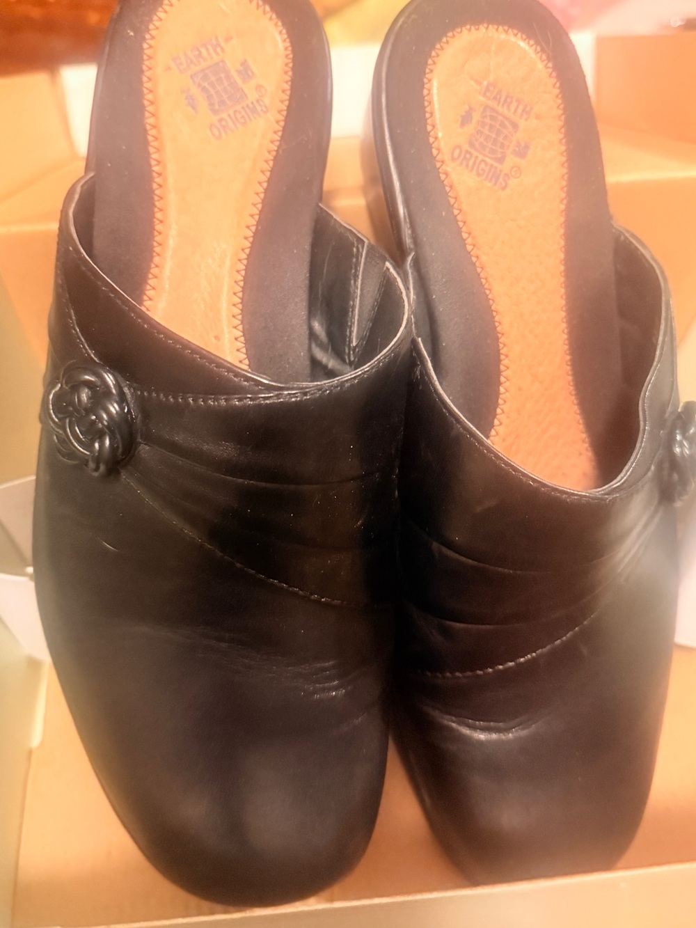Origins Black Leather Slip-On Mules with Floral Accent size 8